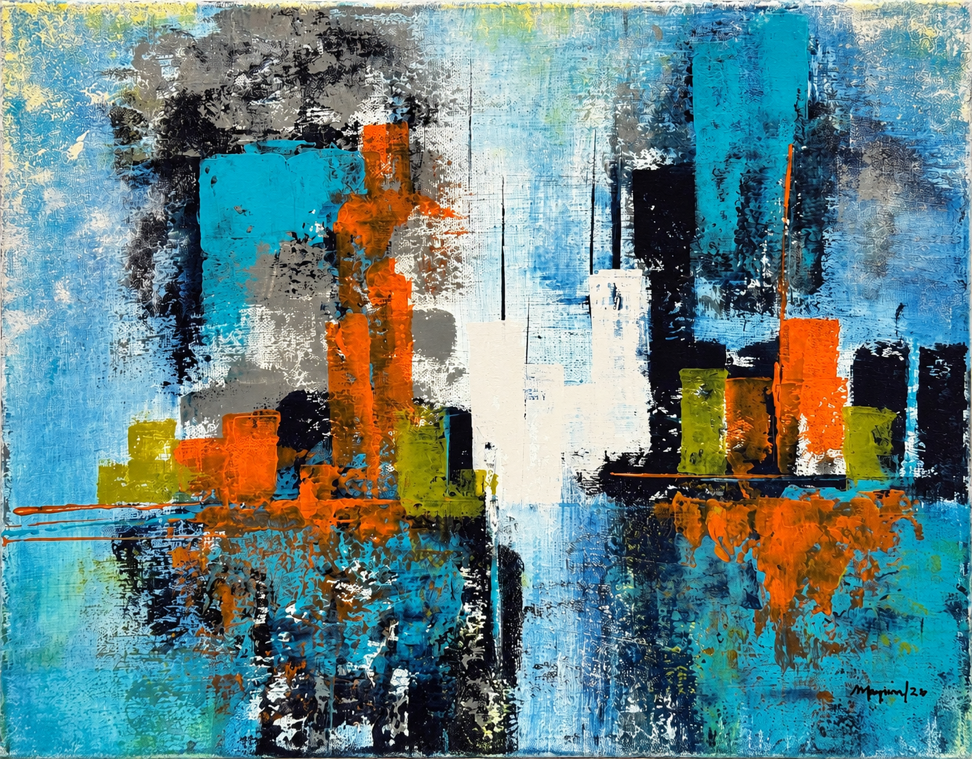 Composición abstracta de formas verticales en turquesa, naranja, blanco y verde, con la firma de la artista