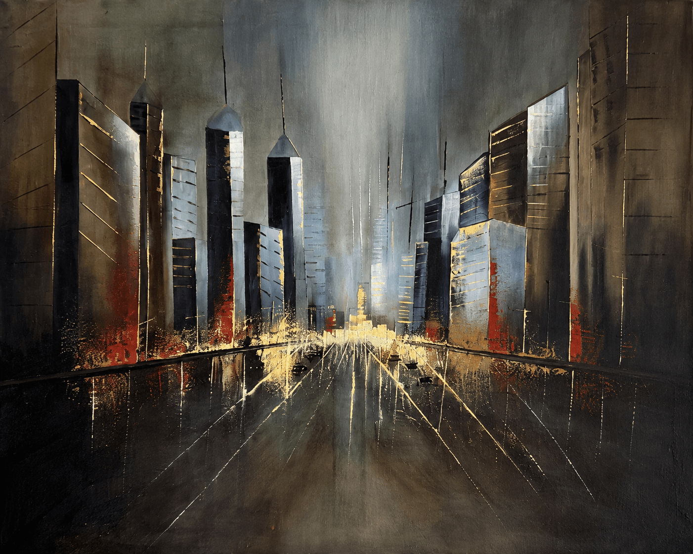 Pintura de una ciudad con edificios oscuros, trazos dorados y reflejos en perspectiva